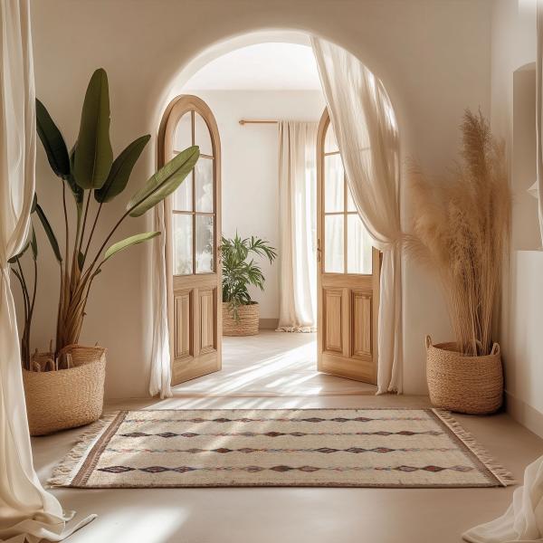 Tapis berbère avec motif traditionnel dans une entrée lumineuse.